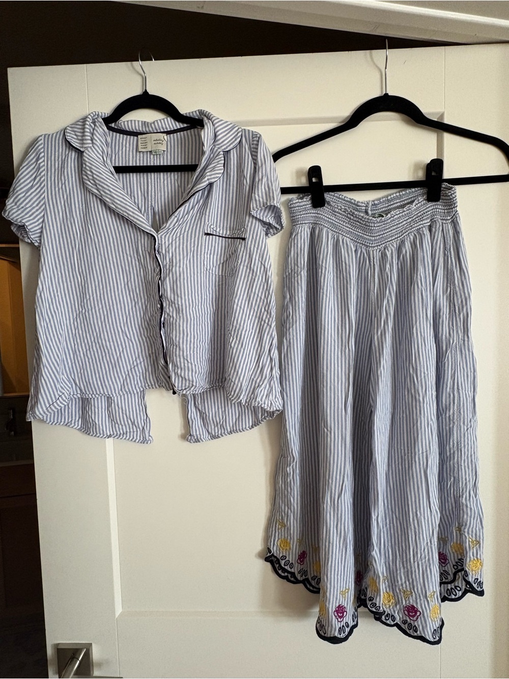 Saturday Sunday Blue Striped Two-Piece Pajama Set with Embroidered Hem